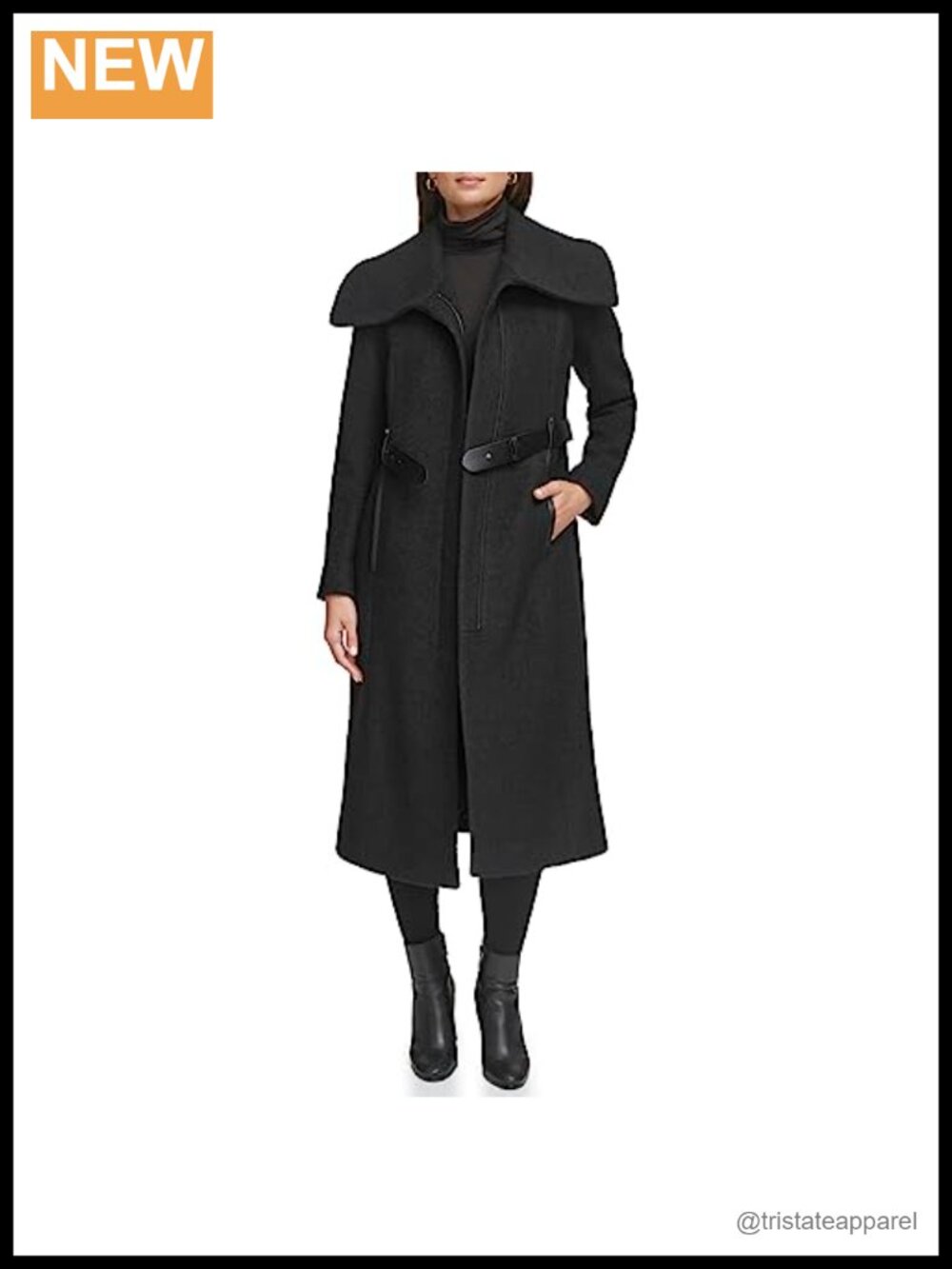 Textured Twill Wool Blend Long Coat with Faux Leather Belt